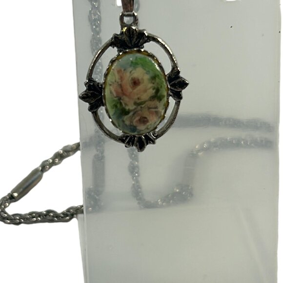 Vtg Yellow Rose Oval Pendant Cameo Style Necklace Silver Tone Ornate Cottagecore - Picture 10 of 11